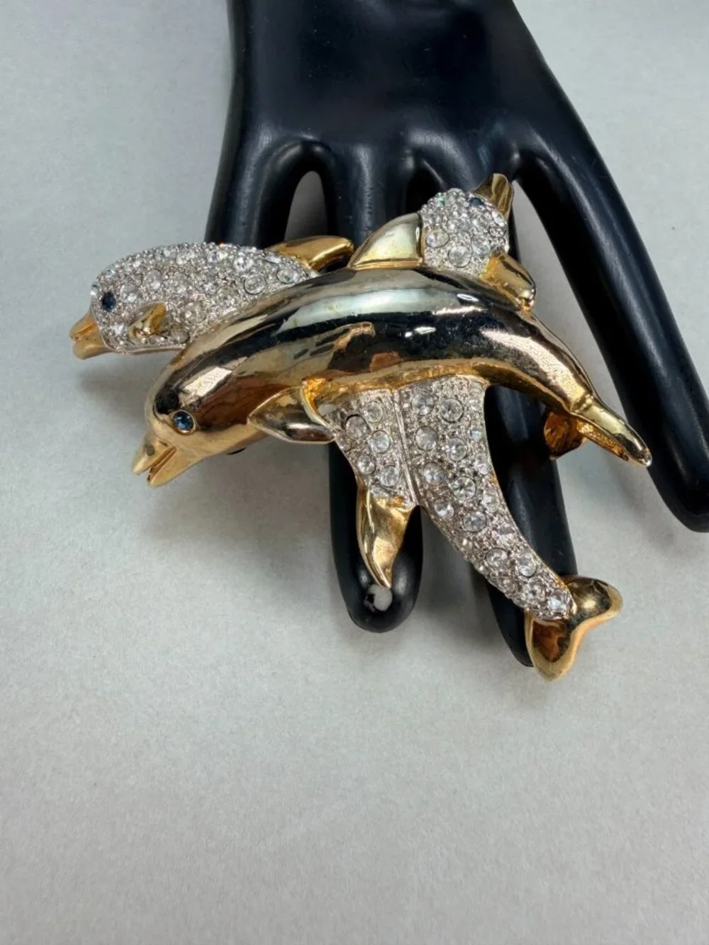Vintage Dolphin Brooch Rhinestone Gold Tone Double Dolphin Ocean Figural Pin
